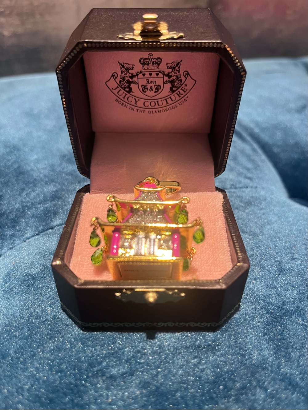 RARE Juicy Couture Pink Asian Pagoda Charm/Pendant w Green Crystal Drops - Picture 14 of 16